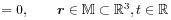 \displaystyle=0,\qquad{\boldsymbol{r}}\in\mathbb{M}\subset\mathbb{R}^{3},t\in\mathbb{R}