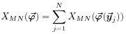 X_{{MN}}(\mbox{\boldmath$\vec{\varphi}$\unboldmath})=\sum _{{j=1}}^{{N}}X_{{MN}}(\mbox{\boldmath$\vec{\varphi}$\unboldmath}(\mbox{\boldmath$\vec{y}$\unboldmath}_{j}))