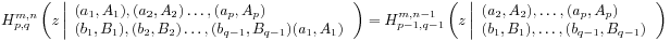 H^{{m,n}}_{{p,q}}\left(z\left|\begin{array}[]{l}{(a_{1},A_{1}),(a_{2},A_{2})\ldots,(a_{p},A_{p})}\\
{(b_{1},B_{1}),(b_{2},B_{2})\ldots,(b_{{q-1}},B_{{q-1}})(a_{1},A_{1})}\end{array}\right.\right)=H^{{m,n-1}}_{{p-1,q-1}}\left(z\left|\begin{array}[]{l}{(a_{2},A_{2}),\ldots,(a_{p},A_{p})}\\
{(b_{1},B_{1}),\ldots,(b_{{q-1}},B_{{q-1}})}\end{array}\right.\right)