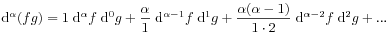 \mathrm{d}^{\alpha}(fg)=1\;\mathrm{d}^{\alpha}f\;\mathrm{d}^{0}g+\frac{\alpha}{1}\;\mathrm{d}^{{\alpha-1}}f\;\mathrm{d}^{1}g+\frac{\alpha(\alpha-1)}{1\cdot 2}\;\mathrm{d}^{{\alpha-2}}f\;\mathrm{d}^{2}g+...