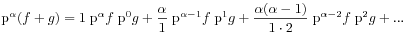 \mathrm{p}^{\alpha}(f+g)=1\;\mathrm{p}^{\alpha}f\;\mathrm{p}^{0}g+\frac{\alpha}{1}\;\mathrm{p}^{{\alpha-1}}f\;\mathrm{p}^{1}g+\frac{\alpha(\alpha-1)}{1\cdot 2}\;\mathrm{p}^{{\alpha-2}}f\;\mathrm{p}^{2}g+...